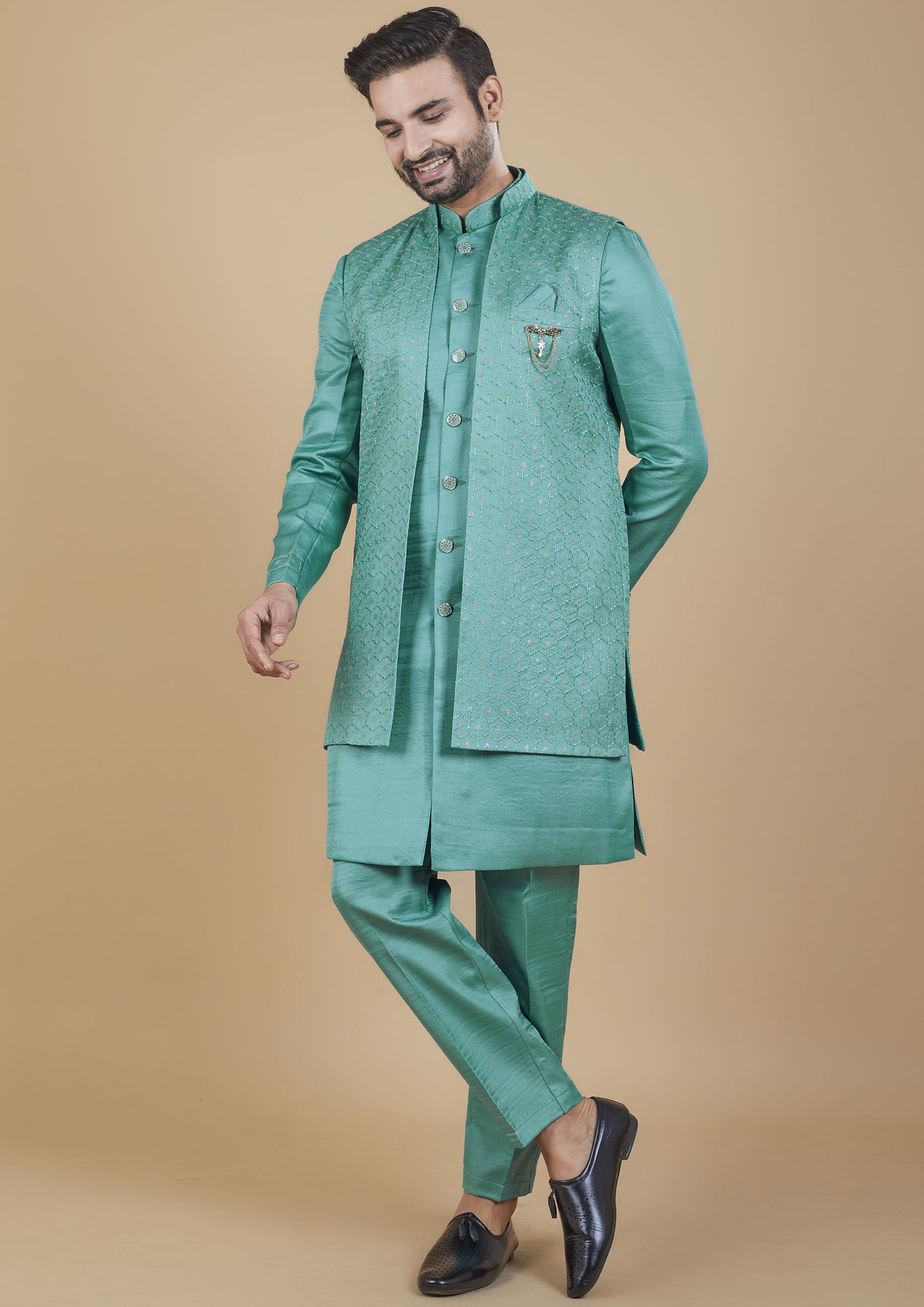 Turquoise Color Jacquard Silk Embroidered Indowestern